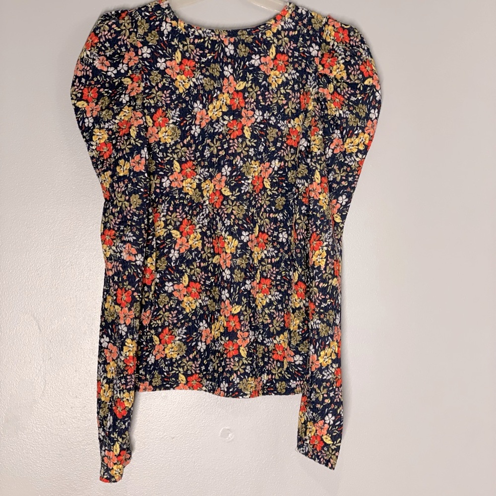 Loft Puff Shoulder Cottagecore Navy Floral Print Top - Picture 6 of 10